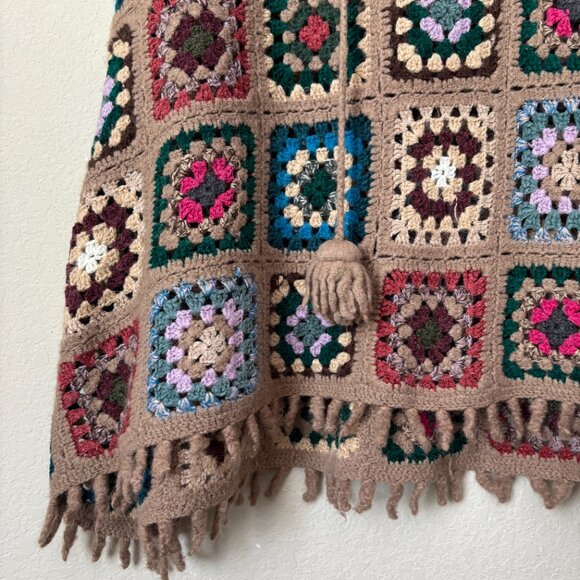 Boho Wool Blend Granny Square Colorful Crochet Poncho Sweater Top - Picture 9 of 11